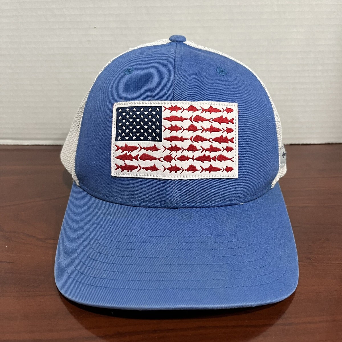 Columbia PFG Hat Cap Snap Back American Flag Fishing Fish Light Blue Mesh