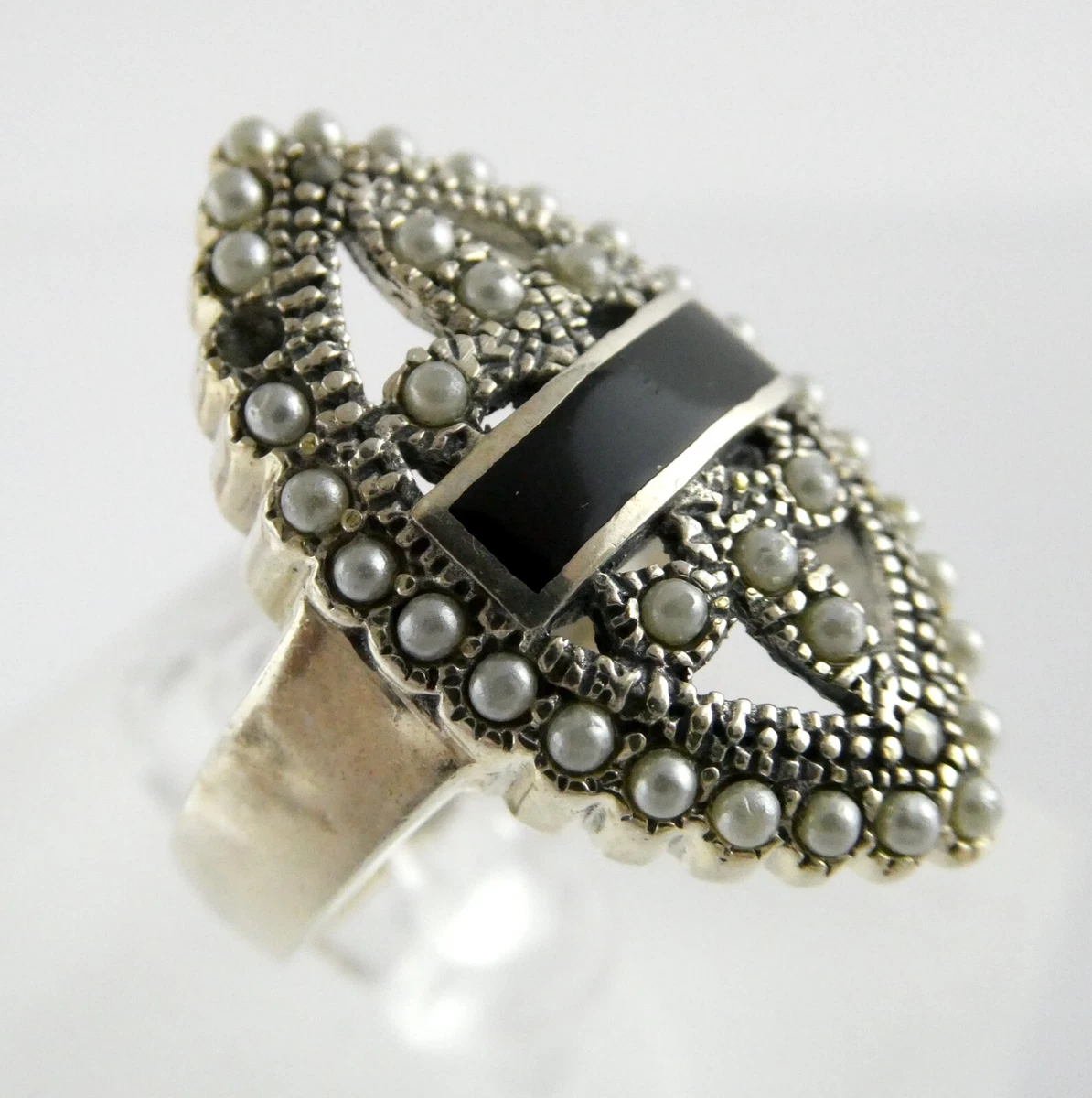 Vintage Sterling Silver Black Onyx Seed Pearl Ring Size 7.25 8.4g 1 MISSING GEM