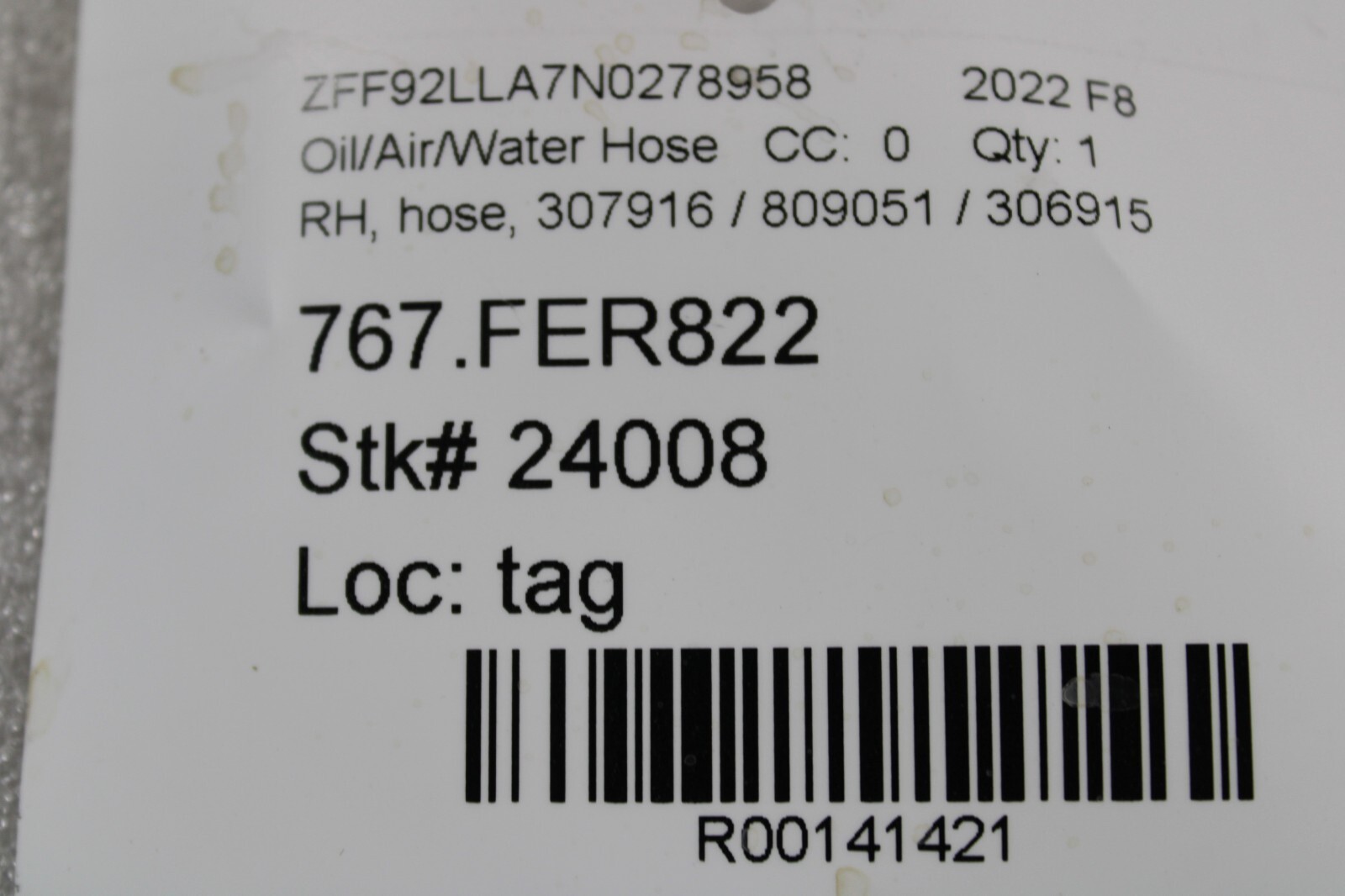 Ferrari F8 Tributo, 488, RH, Right, AC Hose, Used, P/N 307916 / 809051 / 306915