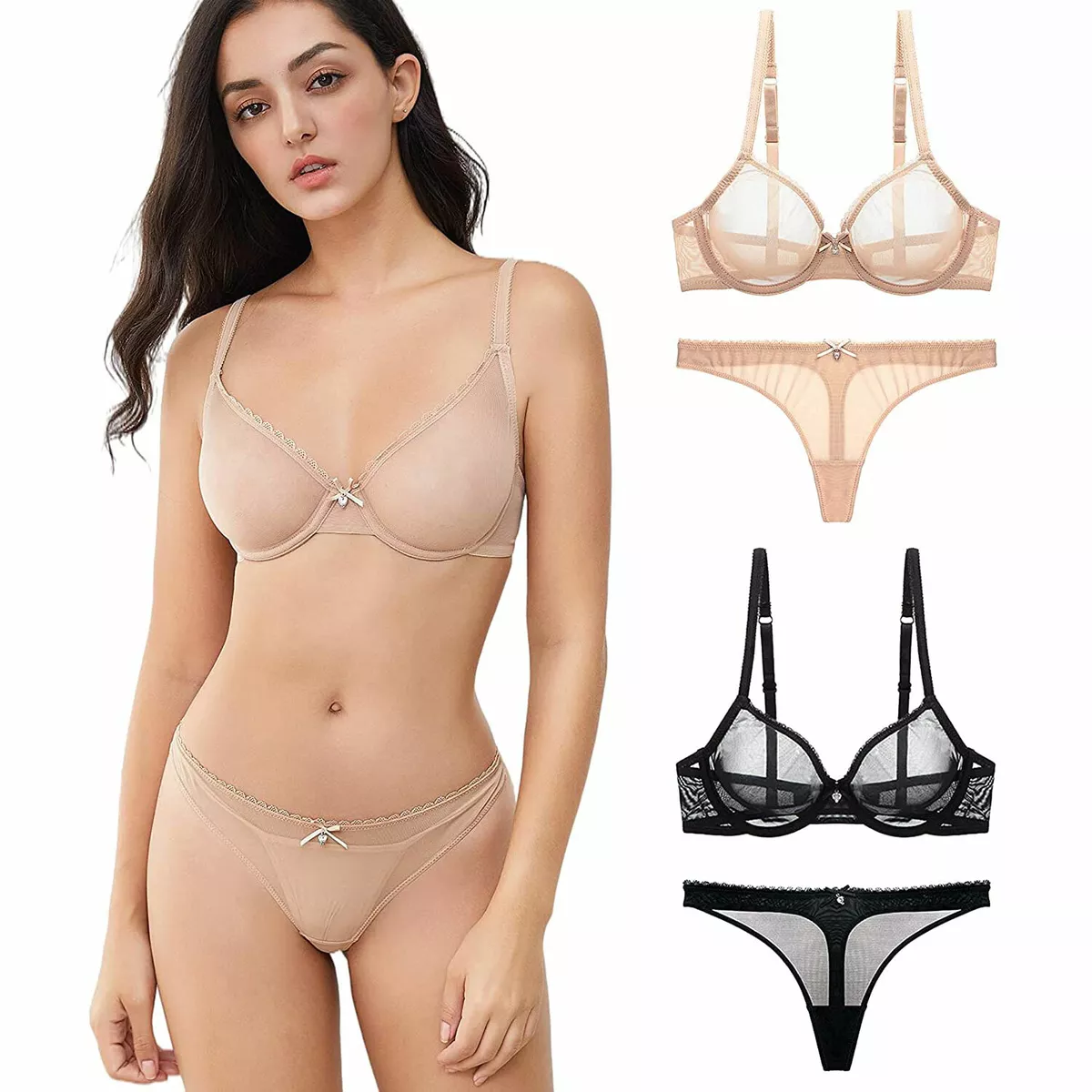 Mesh Ultra Thin Clear Lingerie Briefs Underwear Sexy See-Through Lace Bra  Sets