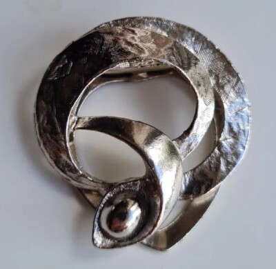 Vintage Brosche Schal Clip Abstrakt Silberfarben Mid Century Handarbeit 