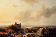 Oil barend cornelis koekkoek extensive river landscape travellers on pathcastle 