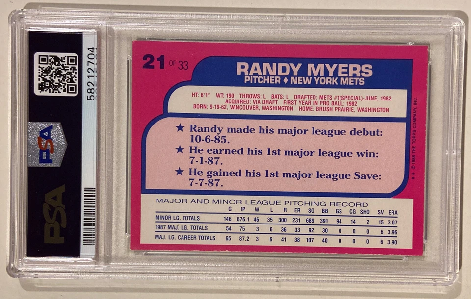 Tarjeta de béisbol Toys R Us Rookies 1988 firmada por Randy Myers PSA 5 certificado ADN 10 Foto 4 de 4