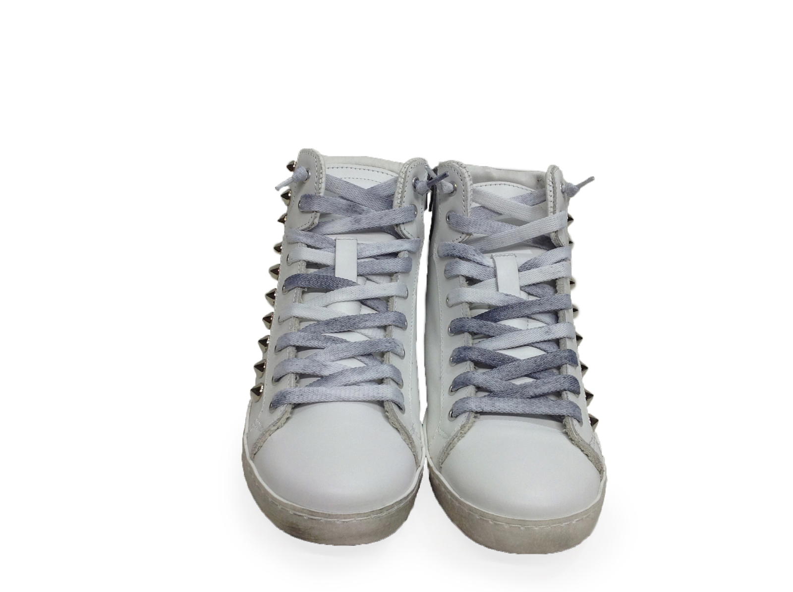 Scarpe Sneaker Alte Uomo Pelle Bianco Ghiaccio Sfumato Borchie Cono Via Condotti P 119