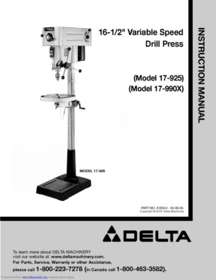Delta 17-925 17-990X Drill Press Owners Instruction Manual