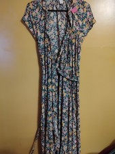 Old Navy Wrap Dress Womens XL Tall Blue Floral Modern Ruffle Trim Maxi Rayon