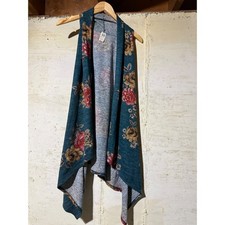 Womens Teal Floral Waterfall Vest Open Front Handkerchief Hem USA Made Large