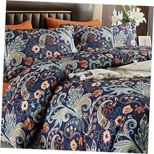 7 Piece Flower Comforter Bed in a Bag Set Size Luxury Dark Blue King Paisley
