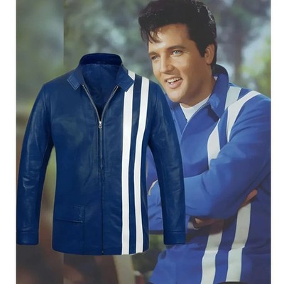 Elvis Presley Speedway Blue Genuine Leather Jacket Retro Rock nRoll Biker Jacket