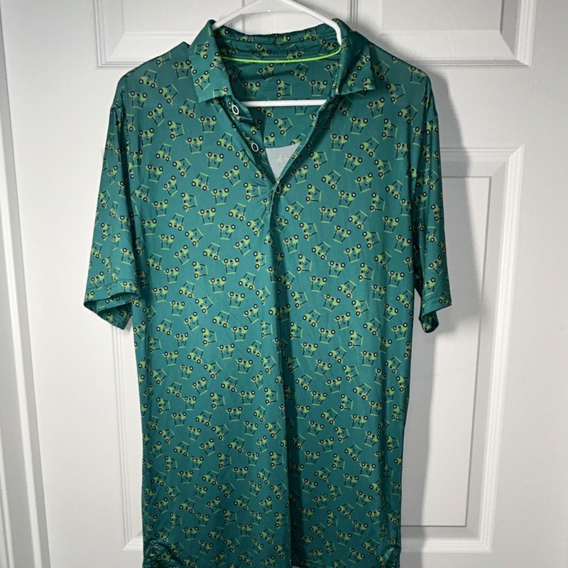 Men’s Green Golf Polo Shirt Graphic Print Short Sleeve Collared Button, M