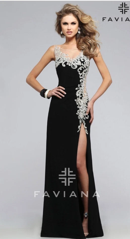 Vestido FAVIANA GLAMOUR S7737 Sexy Negro Plateado Jersey Alto Abertura Lateral Talla 10 NUEVO Foto 2 de 4