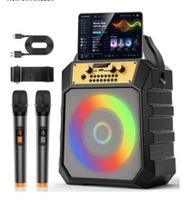 Portable Karaoke System w/ Two Microphones, Bluetooth FM USB AUX DJ Lights, Gray