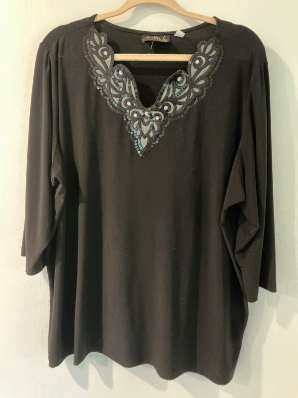 Bob Mackie Wearable Art 3/4 Sleeve Embellished Sequins V-Neck Blouse Black Sz 2X
