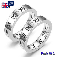 Pack Of 2 Roman Numeral Ring Cubic Zirconia Stainless Steel Size 5-10 Men's UK