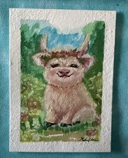 Original Highland Cow ACEO Painting – Gouache Mini Art Card Whimsical Floral Cow