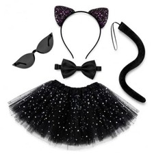 5Pcs Black Cat Costume Set Include Black Cat Ears Tail Bow Tie Tutu Skirt Kid