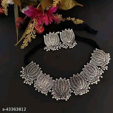 Beautiful Lotus Design Oxidized Necklace With Earrings Jewellery For Her Wear