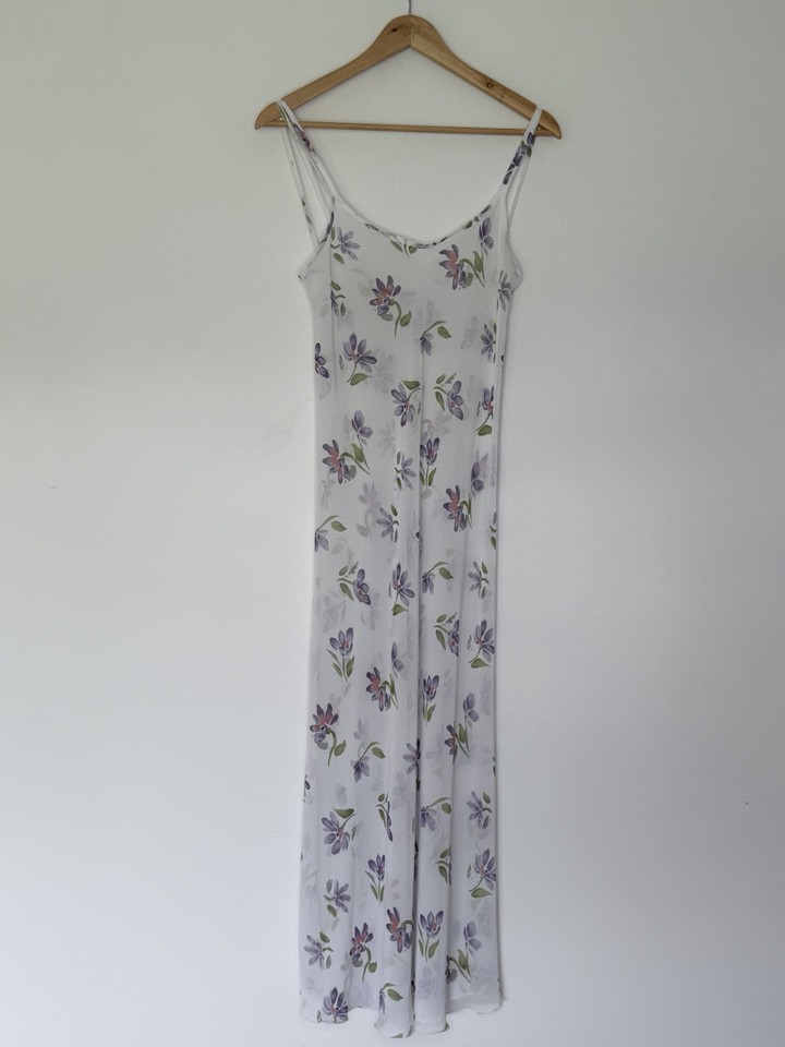 Givoni VTG 70s White Floral Sheer Coquette Ethereal Midi Slip Dress Sz S