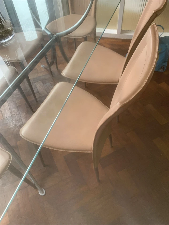 Glass Dinning Table with Hand Made Leather Chairs X6 In Pink Metal Frame VGC - Image 4 of 4