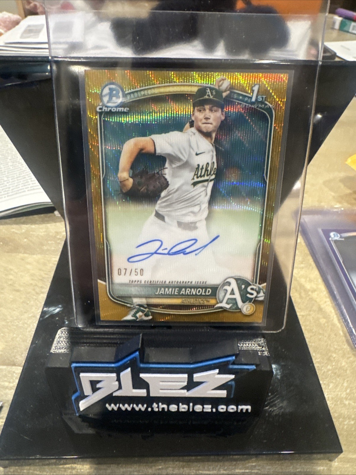 Jamie Arnold 2025 Bowman Draft Chrome 1st Gold Shimmer Refractor Auto /50
