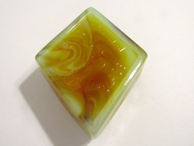 Boyd Crystal Art Glass Red & Yellow Slag Diamond Shaped Paperweight UV Reactive