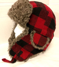 Trapper Aviator Hat Red Black Buffalo Plaid Faux Fur Mesh Ventilation Grommets