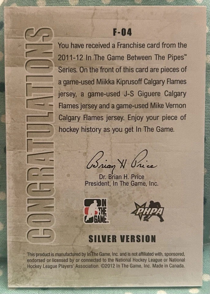 KIPRUSOFF GIGUERE VERNON 2011-12 In The Game Between The Pipes Franchise Calgary - Image 2 of 2