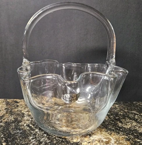 Vintage Blenko Glass RUFFLED BOWL BASKET w/Handle #7920 Crystal Clear 1980's