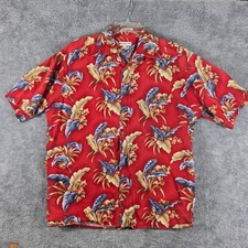 Pierre Cardin Mens Large Red Tropical Floral Cotton Short Sleeve Button Up Shirt