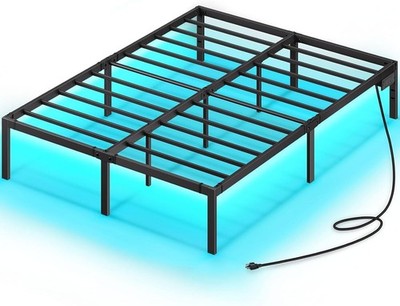Queen Size Platform Bed Frame with USB Charging Station Heavy Duty Steel Slats
