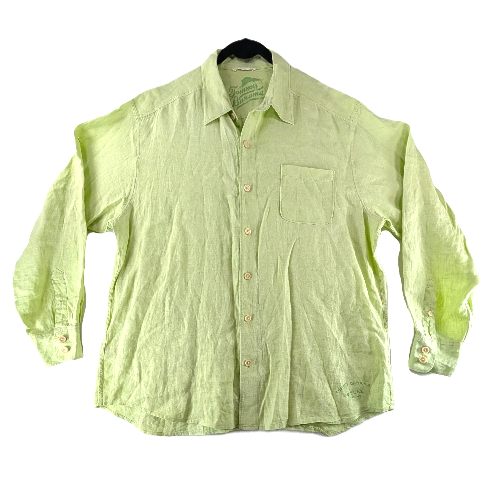 Tommy Bahama Relax Shirt Mens Size XL Lime Green 100% Linen Pocket Long Sleeves