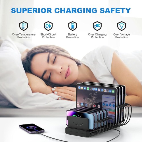 60W 10-Port USB Charging Station Multi Fast Charger for Phones Tablets - Zdjęcie 11 z 15