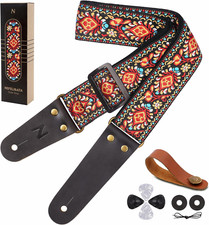 Guitar Strap, Embroidered Cotton Guitar Straps with Head Cowhide Leather Ends fo