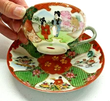 Vintage China Porcelain Teacup & Saucer Geisha Girls and Scenic Landscapes EUC