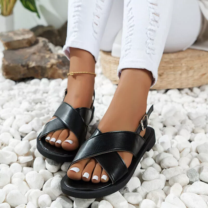 Women s Summer Open Toe Cross Flat Sandals Belt Buckle Roman