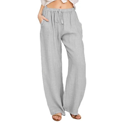 Women's Summer Drawstring Waist Wide Leg Loose Cotton Linen Palazzo Comfy Pants - Bild 34 von 43