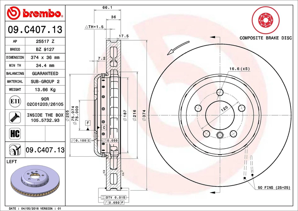 Rotor de freno de disco delantero izquierdo Brembo 09.C407.13 para BMW 550i GT xDrive 2010-2017 Foto 3 de 4
