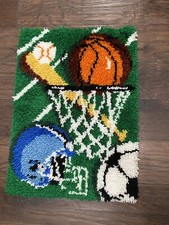 VINTAGE SPORTS THEMED LATCH HOOK RUG/WALL HANGING 20" x 28"