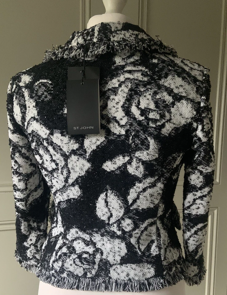 St.John White/Black Lined Abstract Floral Pattern Fringe Trim Jacket BNWT - Image 4 of 4