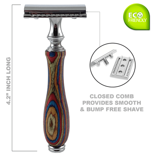 NEW ELEGANT WOODEN HANDLE DOUBLE EDGE SAFETY RAZOR WET SHAVE + 5 SHAVING BLADES - Picture 2 of 6