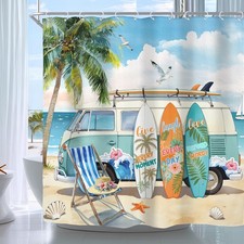 Coastal Beach Surfboard Shower Curtain for Bathroom Decor 72Wx72H Palm Ocean Sum