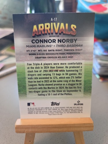 Inserto refractor Topps Finest Connor Norby Arrivals 2025 #A-17 Miami Marlins - Imagen 2 de 2