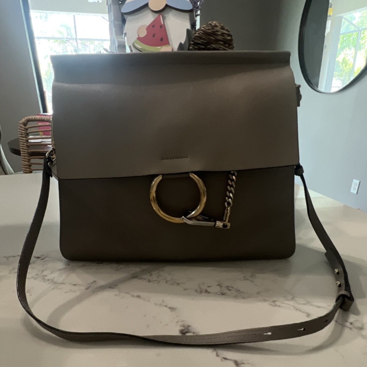 Chloé Taupe Shoulder Bag Gold Silver Hardware Ring Chain Accent