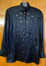 ESCADA VINTAGE BLOUSE IN BLACK CRYSTAL STAR EMBELLISHED IN GOLD 34 WEST GERMANY