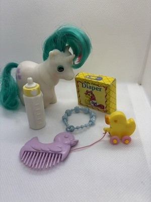 My Little pony G1 Baby Gusty Unicorn With Comb, Bottle, Diaper, Necklace & Toy!