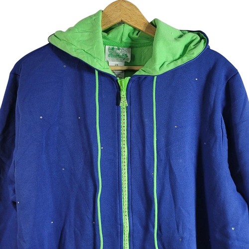 Quacker Factory Full Zip Sweatshirt Hoodie Blue Neon Green 2X Rhinestones NWT - Picture 2 of 9