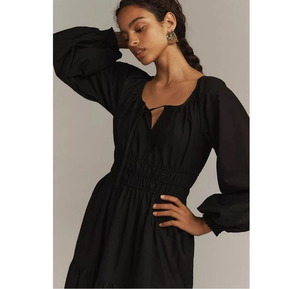 Платье макси Anthropologie The Somerset: издание с длинным рукавом-затяжкой черное большое - Изображение 3 из 4