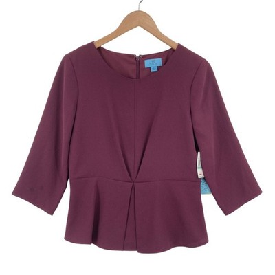 CeCe Blouse Top Womens Size 8 Purple Round Neck 3/4 Sleeve Back Zip Flutter Hem