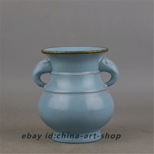 4.4" Chinese Ruyao Celeste Glaze Porcelain Gild Support Pin Elephant Ear Vases
