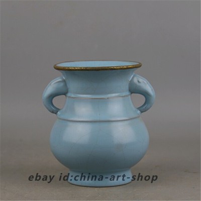 4.4'' Chinese Ruyao Celeste Glaze Porcelain Gild Support Pin Elephant Ear Vases